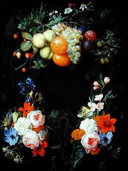 Oranges, peaches, grapes, plums, strawberries, raspberries and other fruit with roses, honeysuckle a von Joris van Son