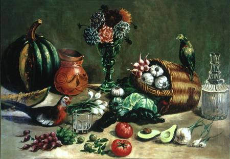 Still life with Pigeon, Parakeet and Vegetables von Jose Agustin Arrieta