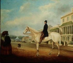 Rider on a white horse, probably in Macquarie Street North c.1850