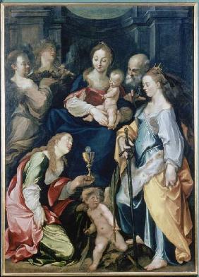 Die hl. Familie mit Engeln, sowie den hll. Barbara und Katharina. um 1600