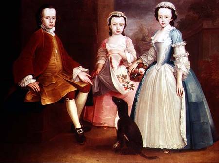 Sara, Anna and Evan Davies with their dog 99 : children; sisters; brother; dog; von Joseph Highmore