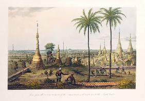 Scene from the Upper Terrace of the Great Pagoda at Rangoon, to the South East, engraved by H. Pyall 1826 oured