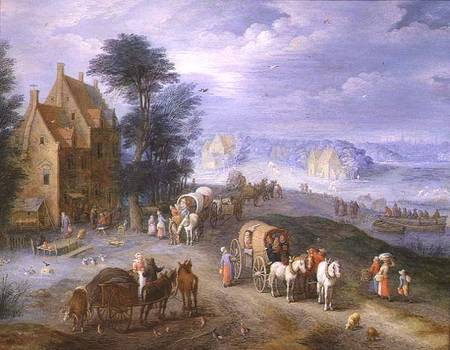 Landscape with peasants, carts and a ferry von Joseph van Bredael