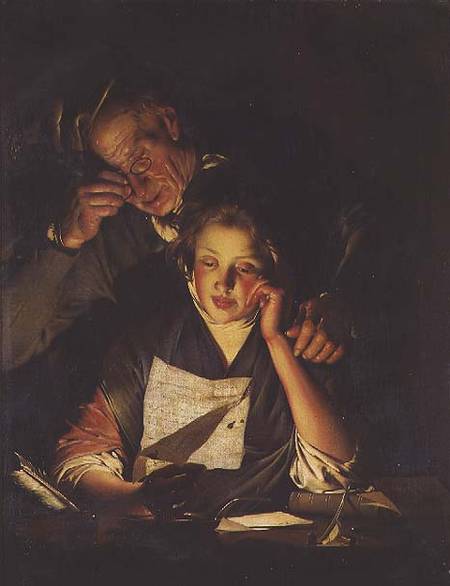 A Girl reading a Letter, with an Old Man reading over her shoulder von Joseph Wright of Derby