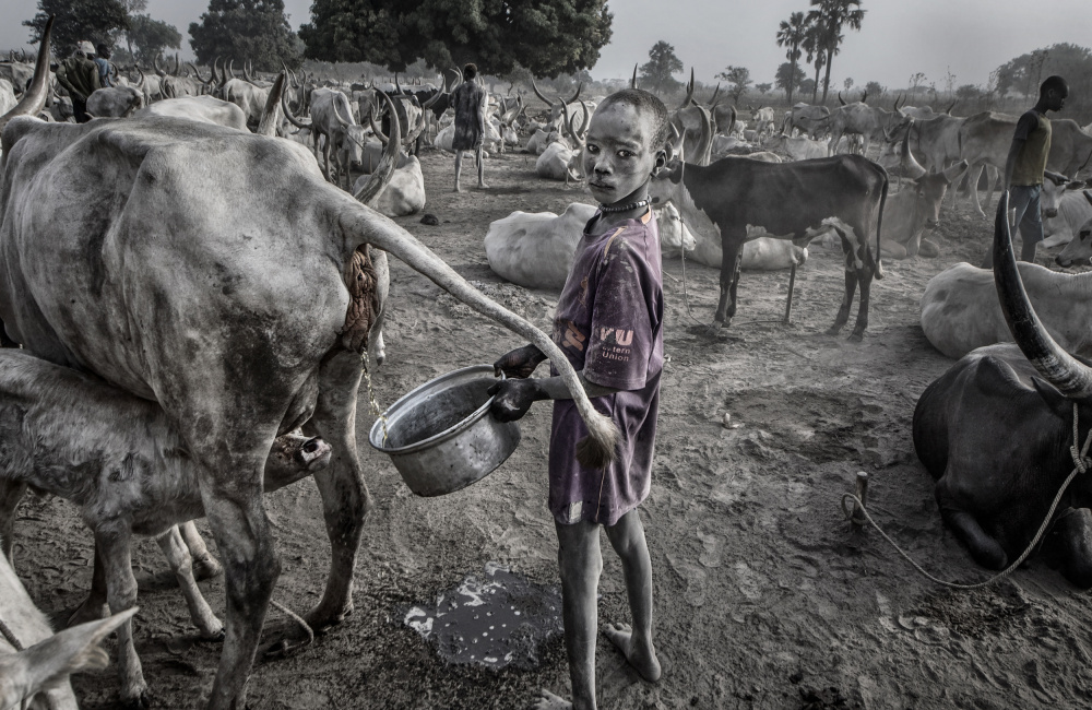 Mundari-Kind füllt den Behälter mit Kuhurin – Südsudan von Joxe Inazio Kuesta Garmendia