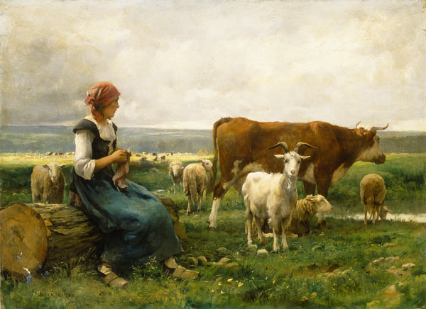 Hirtin mit Schafen, Kuh und Ziege von Julien Dupré
