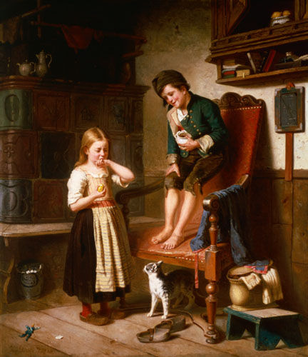 Zwei Kinder mit Katze an einem Kachelofen von Julius Geerts