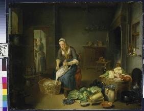 Küchenstück mit Gänse rupfender Frau 1761