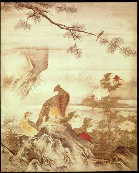 Pheasants and peonies, from a series of scrolls representing Birds and Flowers of the Four Seasons, von Kano  Motonobu