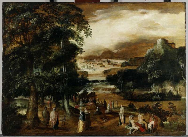 Landschaft mit Predigt und Taufe Pauli von Karel Van Mander