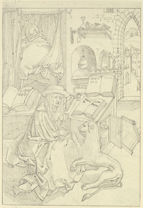 Der Heilige Hieronymus in seiner Zelle, seinem Attributtier den Dorn aus der Tatze ziehend von Karl Ballenberger