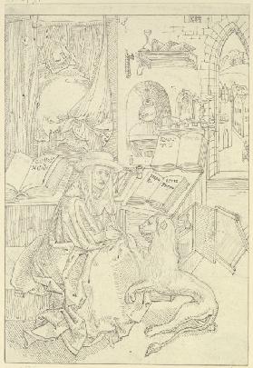 Der Heilige Hieronymus in seiner Zelle, seinem Attributtier den Dorn aus der Tatze ziehend