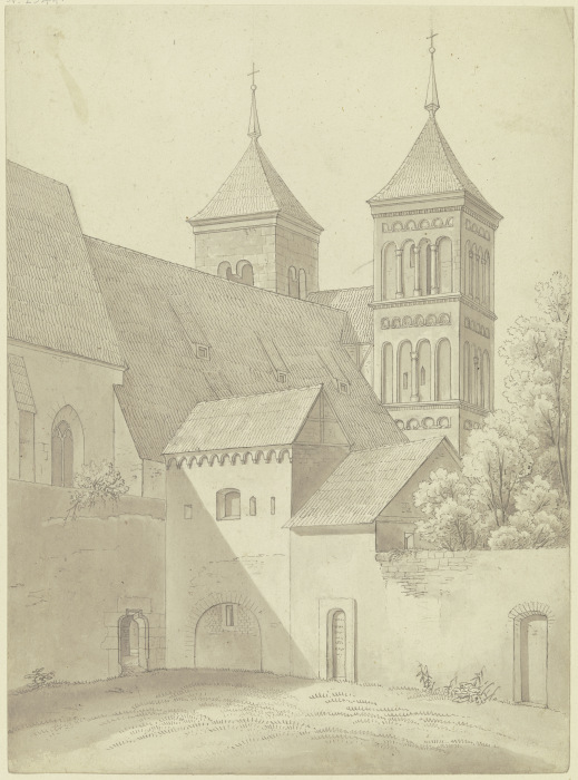 Romanische Kirche mit zwei Türmen, vorn der Klosterhof von Karl Ballenberger