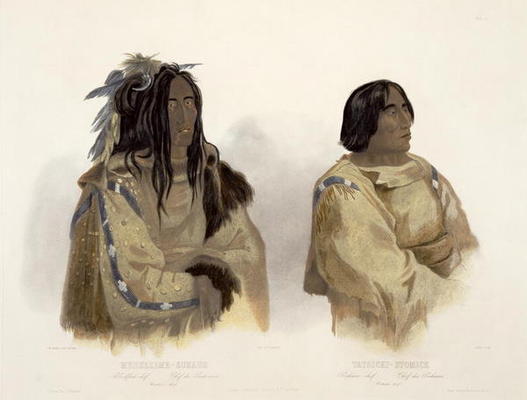 Mehkskeme-Sukahs, Blackfoot Chief and Tatsicki-Stomick, Piekann Chief, plate 45 from Volume 2 of 'Tr von Karl Bodmer