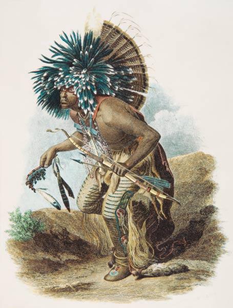 Medicine man of the Mandan tribe in the costume of the Dog Dance, 1834 (colour litho) 1773