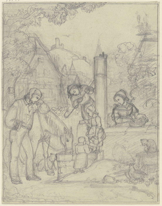 Knecht mit Pferd und Bauernkindern an einem Dorfbrunnen von Carl Friedrich Sandhaas
