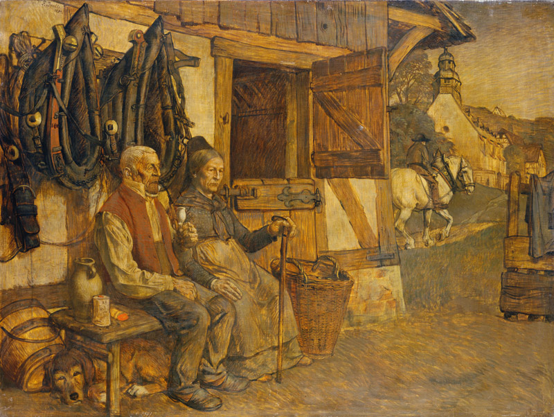 Feierabend, Bauernpaar vor dem Pferdestahl von Karl Friedrich (Fritz) Boehle
