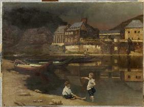 Landschaft in Luxemburg (Ort am Fluß) 1889