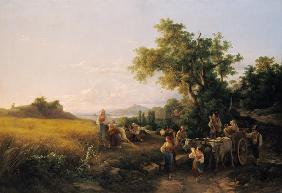 Italienische Landschaft mit Ochsenwagen während der Kornernte