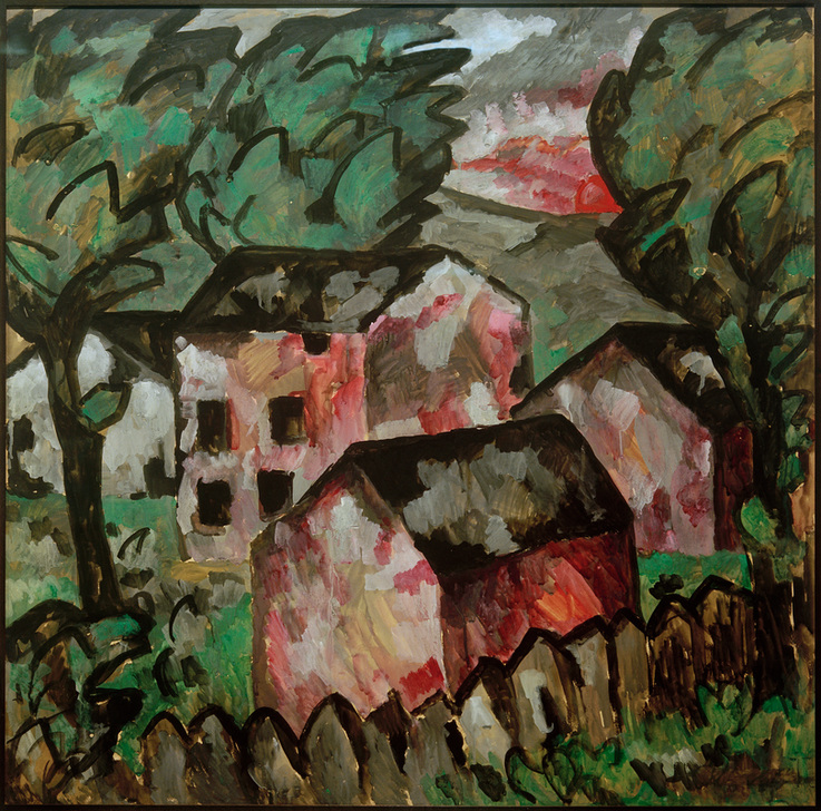Landschaft mit drei roten Häusern von Kasimir Sewerinowitsch Malewitsch