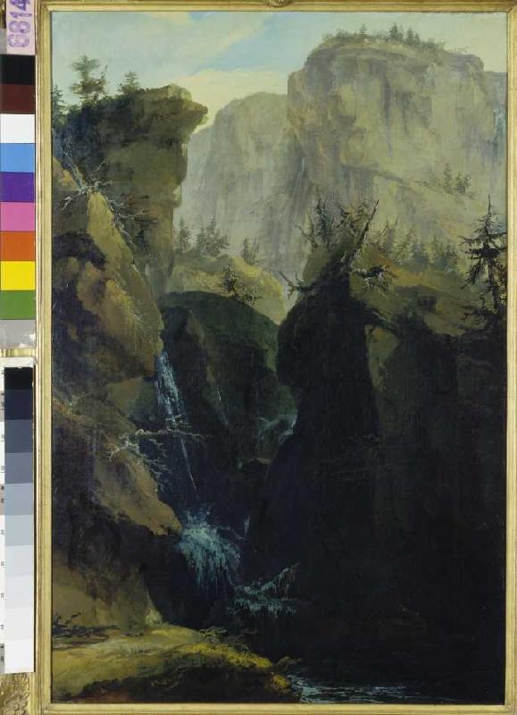 Felsenschlucht mit Passweg und Wasserfällen, von Bergen überragt. von Kaspar Wolf