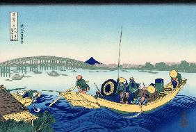 Blick auf den Sonnenuntergang über der Ryogoku-Brücke von der Ufermauer in Onmaya (aus der Bildserie
