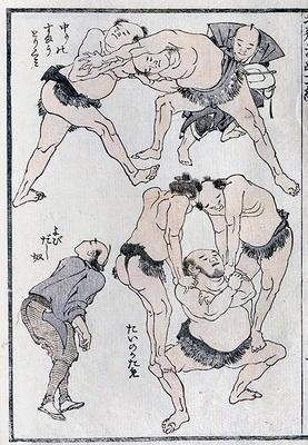 Studies of gestures and postures of wrestlers, from a Manga (colour woodblock print) 18th