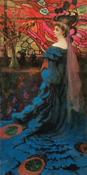 Frau vor einem Glasfenster (Der Pfau) Bildnis der Zofia Borucinska. 1908