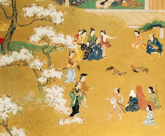 A Detail From An Eight-Leafed Screen In Sumi  Depicting a Cock Fight Beneath Cherry Tree Blossoms von Kitagawa  Utamaro