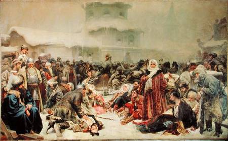 Destruction of Novgorod by Tsar Ivan III (1440-1505) von Klawdij Wassiljewitsch Lebedjeff