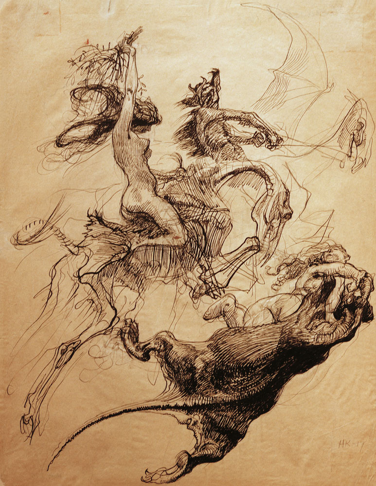 Nackte Frau auf Skelett und Teufel auf Pterodaktylus reiten von Heinrich Kley