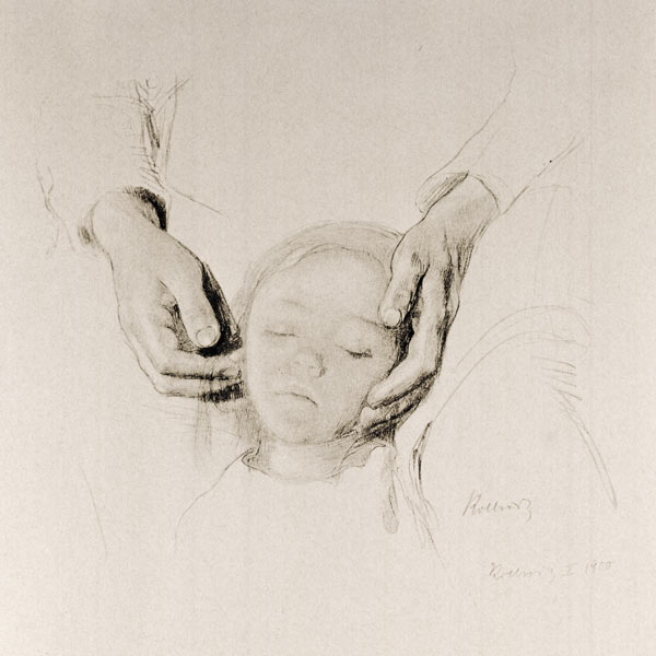 Kopf eines Kindes in Händen. von Käthe Kollwitz