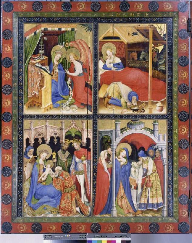 Altarflügel - Links: o.li. Ankündigung der Geburt Christi, o.re. Geburt Christi, u.li. Anbetung der  von Konrad von Soest