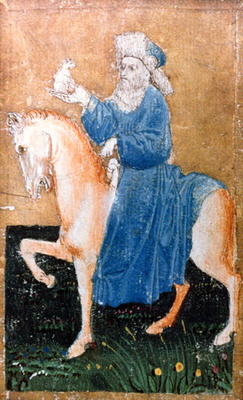 A mounted man holding a small dog, one of a set of playing cards depicting scenes of courtly hawking von Konrad Witz