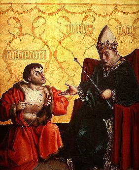 Antipater kneeling before Juilus Caesar, from the Mirror of Salvation Altarpiece, c.1435 (tempera on