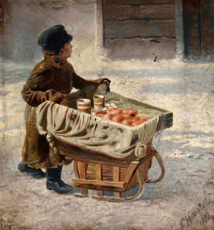 Der junge Strassenverkäufer. Studie zum Gemälde "Masleniza-Fest auf dem Admiralitätsplatz in St. Pet von Konstantin Jegorowitsch Makowski