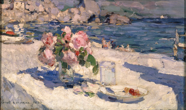 Blumenstrauss und Früchteteller am Meeresstrand 1910