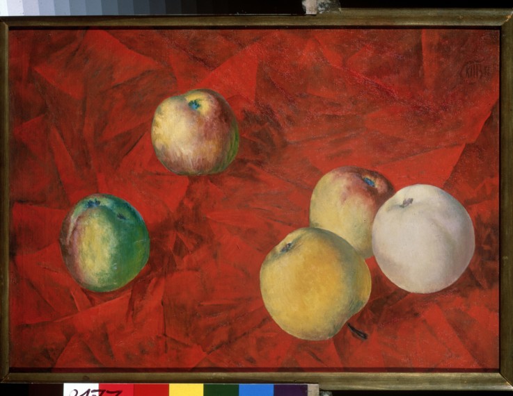 Äpfel auf rotem Hintergrund von Kusma Sergejewitsch Petrow-Wodkin