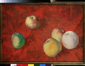 Äpfel auf rotem Hintergrund 1917