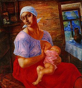 Russische Bauersfrau beim Stillen ihres Babys. von Kusma Sergejewitsch Petrow-Wodkin