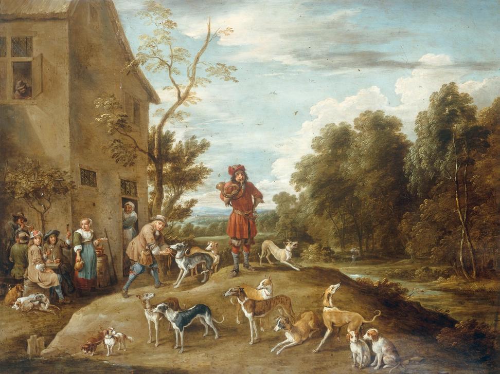 Jäger und Jagdhunde in einer Landschaft von Lambert de Hondt
