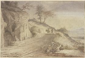 Weg über einen Hügel mit einem Mann zu Fuß und einer Frau auf einem Esel, vorne eine lagernde Gruppe