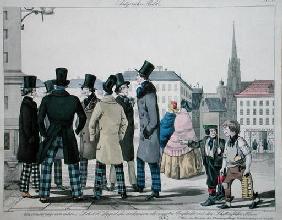 Elegant Men Wearing Scottish Trousers on the Streets of Vienna, engraved by J. W. Linke, c.1840 (col 18th