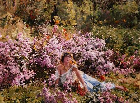 Algerian beauty in a lilac field von Leon Louis Tanzi