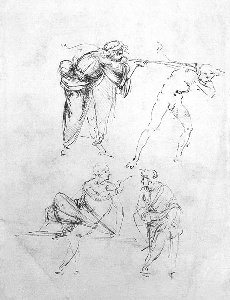 Study of a man blowing a trumpet in another''s ear, and two figures in conversation, c.1480-82 (pen  von Leonardo da Vinci