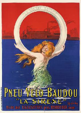 Poster advertising 'La Sirene' bicycle tires manufactured by Pneu Velo Baudou c.1920