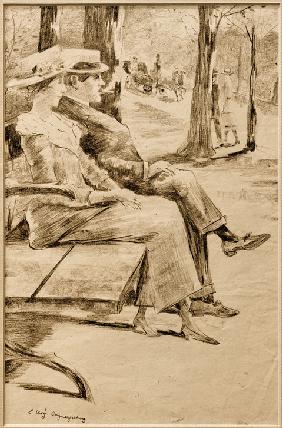 Dame und rauchender Herr auf einer Bank im Tiergarten 1920