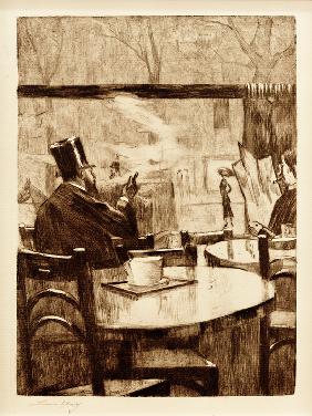 Herr mit Zylinder vor einem Kaffeehausfenster - In Rückenansicht 1923
