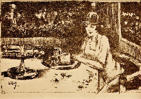 Im Kaffeehaus. Dame am Tisch auf der Veranda 1928