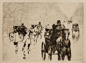 Winterliche Tiergartenallee mit Pferdedroschken 1920